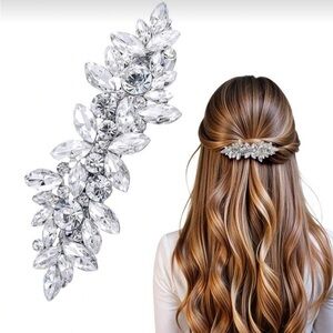 Crystal Leaf Hair Barrette - Clear Rhinestone Hair Clip